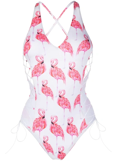Noire Swimwear Flamingo Print Lace-up One-piece In White/pink/purple