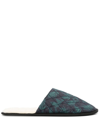 Desmond & Dempsey Byron Wool-lined Quilted Printed Cotton Slippers In Green