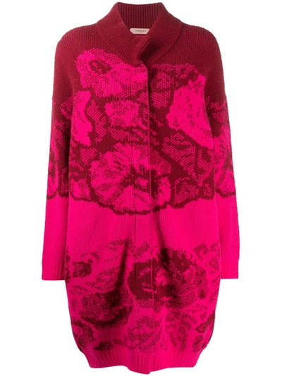 Twinset Floral Jacquard Knit Coat In Pink