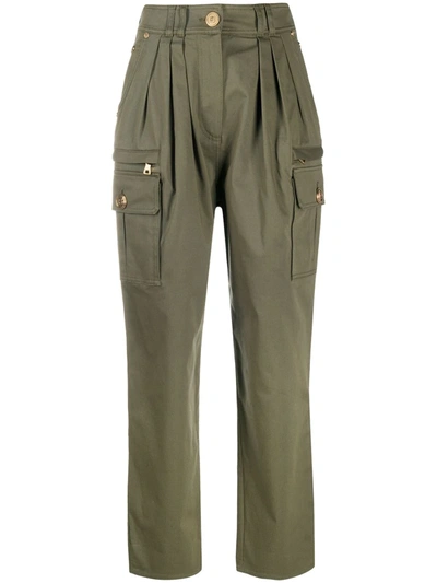 Balmain Pleated High-rise Cotton-blend Cargo Trousers In Green
