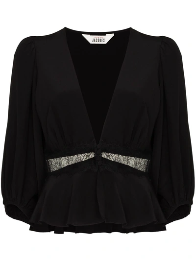 Sleeping With Jacques The Osiris Lace-trimmed Silk Crepe De Chine Pyjama Top In Schwarz