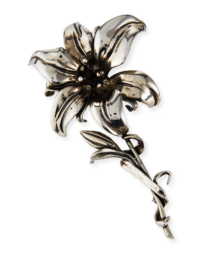 Alexander Mcqueen Men's Lily Lapel Pin In Antique Silver