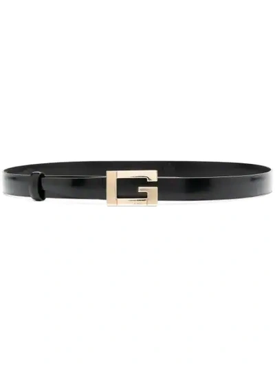 Pre-owned Gucci G Buckle Skinny Leather Belt In Black