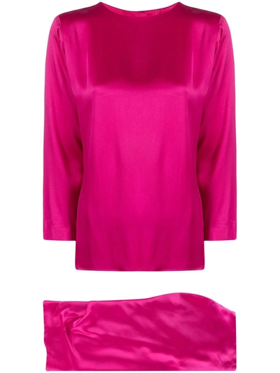 Pre-owned Saint Laurent Wrapped Skirt And Cropped Blouse Silk Set In Pink