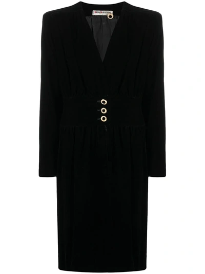 Pre-owned Saint Laurent Velvet Effect Buttoned Waist Dress In Black