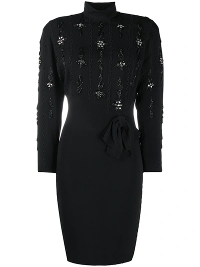 Pre-owned A.n.g.e.l.o. Vintage Cult 1980s Floral Bead-embroidered Long-sleeved Dress In Black