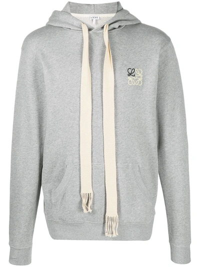 Loewe Embroidered-logo Long-drawstring Hoodie In Grey