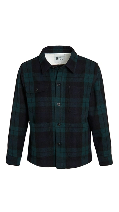 Alex Mill Black Watch Plaid Recycled Wool Blend Chore Jacket In Black/ Green