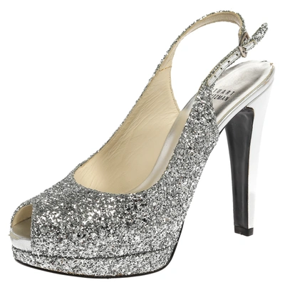 Pre-owned Stuart Weitzman Silver Coarse Glitter Peep Toe Slingback Sandals Size 38.5