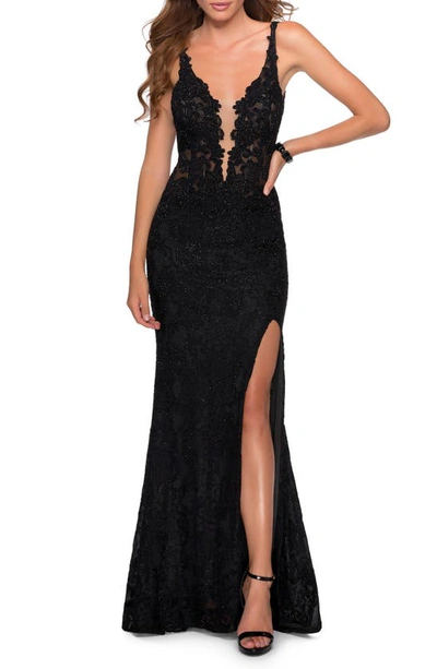 La Femme Sparkle Lace Plunge Neck Gown In Black