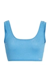 Prada Cropped Ribbed Silk-blend Top In Blue