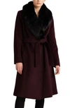 Lauren Ralph Lauren Wool Blend Belted Wrap Coat With Faux Fur Collar In Burgundy