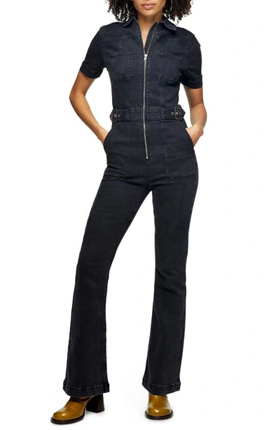 Topshop Flare Denim Jumpsuit In Washed Black ModeSens - Main Image