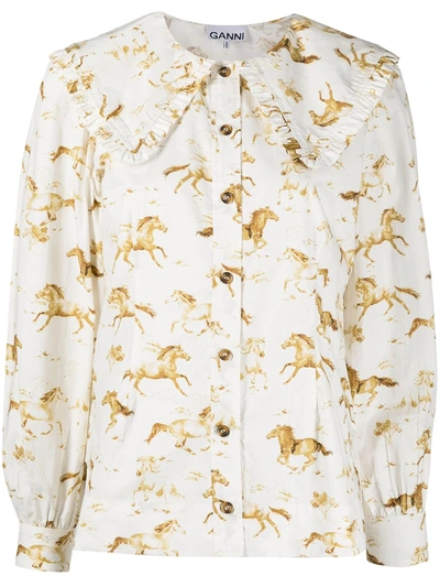 Ganni Horse Print Ruffle Collar Organic Cotton Poplin Shirt In Cognac