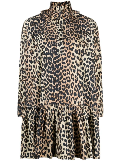 Ganni Animal Print Ruffle Collar Long Sleeve Organic Cotton Poplin Dress In Mixed