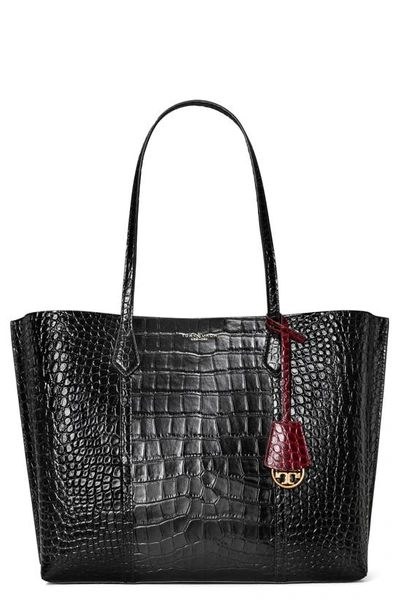 Tory Burch Perry Croc Embossed Leather Tote In Black