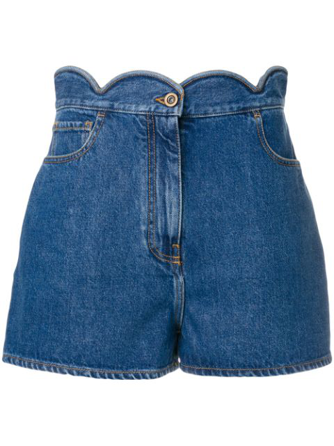 Valentino Scalloped Waist Cotton Denim Shorts In Blue | ModeSens