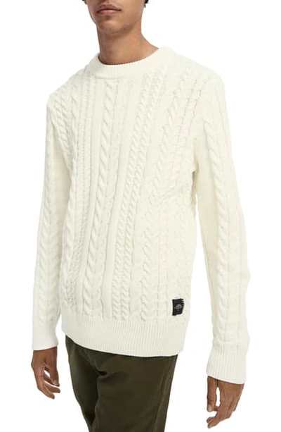 Scotch & Soda Cable Knit Crewneck Sweater In Off White