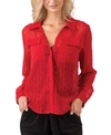 Belldini Black Label Women's Plus Size Metallic Stripe Collared Shirt With Front Pockets In  Red