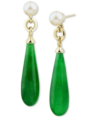 Macy's Cultured Freshwater Pearl (7mm) & Dyed Jade Briolette Drop Earrings In 14k Gold-plated Sterling Silv