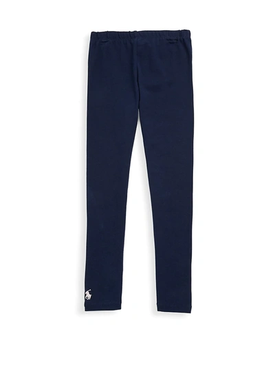 Ralph Lauren Kids' Girl's Stretch Cotton Solid Logo Embroidered Leggings In French Navy
