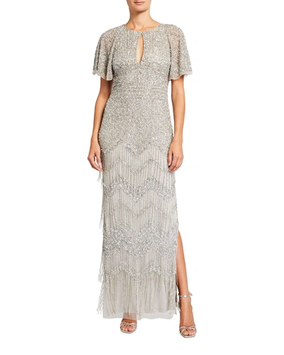 Aidan Mattox Beaded Fringe Keyhole Gown With Beaded Cape In Silver