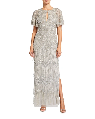 Aidan Mattox Beaded Fringe Keyhole Gown With Beaded Cape In Silver |  ModeSens