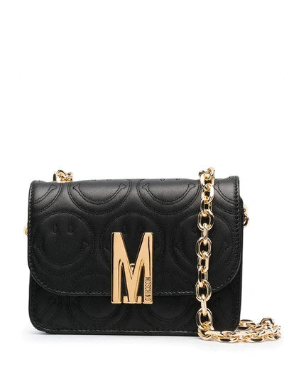 Moschino M Smiley Nappa Leather Small Shoulder Bag In Black Multi