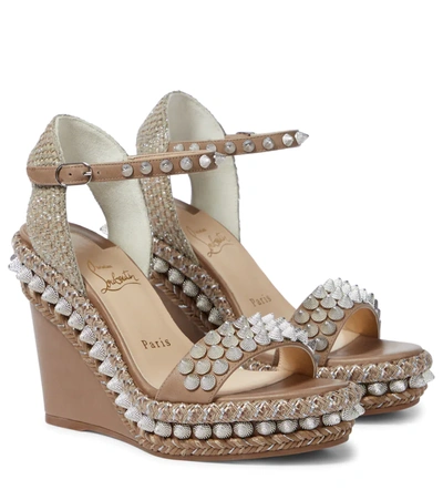 Christian Louboutin Lata 110 Spiked Leather Espadrille Wedge Sandals In Beige/ Silver