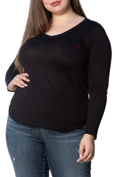 Slink Jeans V-neck Long Sleeve Pocket T-shirt In Black