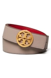 Tory Burch Reversible Logo Belt In Gray Heron / Red Apple / Gold