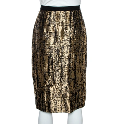 Pre-owned Oscar De La Renta Metallic Black/white Jacquard Knee Length Skirt M In Gold