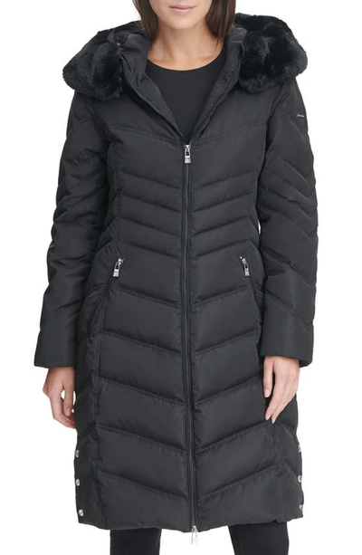 Karl Lagerfeld Water Resistant Down & Feather Puffer Coat With Faux Fur Trim Hood In Black