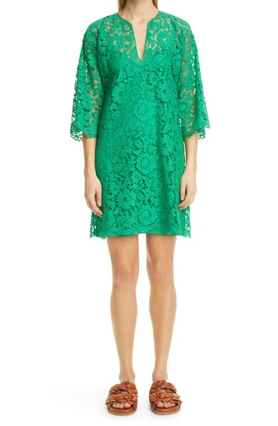 Valentino Bell Sleeve Lace Shift Dress In Green
