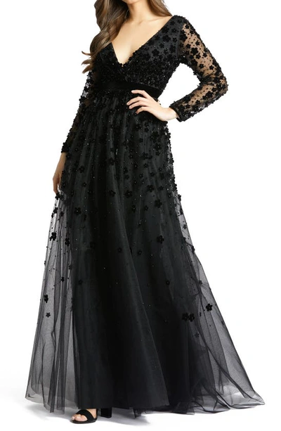 Mac Duggal Velvet Floral Appliqué Long Sleeve Gown In Black