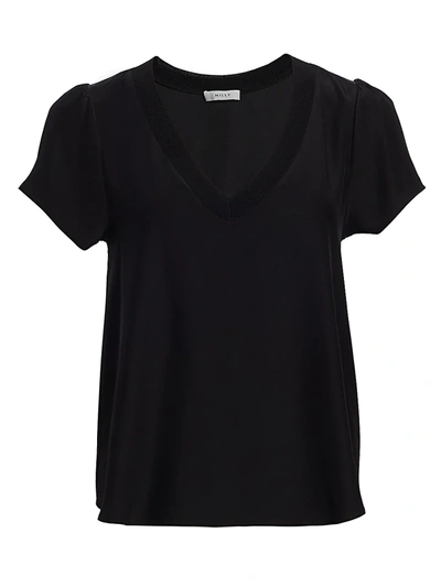 Milly Women's Knit-trim Silk Top In Black