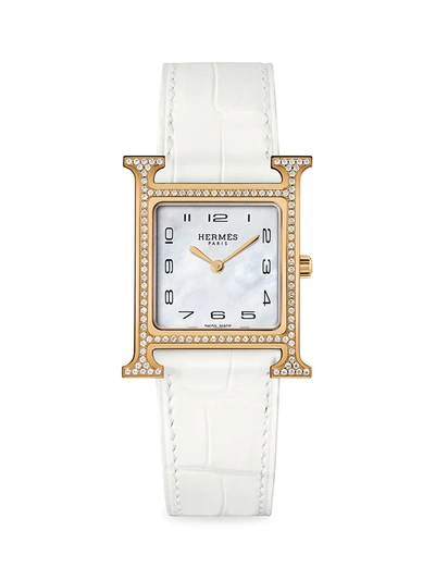 Hermes Heure H 30mm 18k Rose Gold, Diamond & Alligator Strap Watch In White
