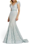 Mac Duggal Illusion Sequin Lace Feather Sleeve Mermaid Gown In Ice Blue