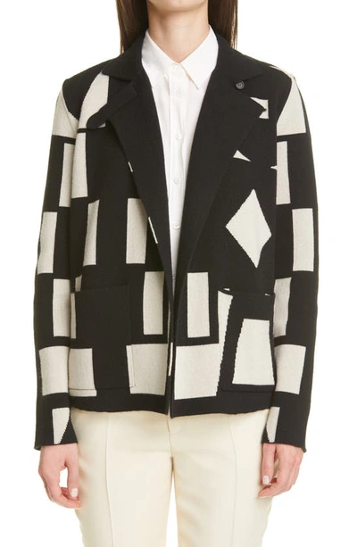 Akris Cubiste Print Leather Trim Cashmere Jacket In Black