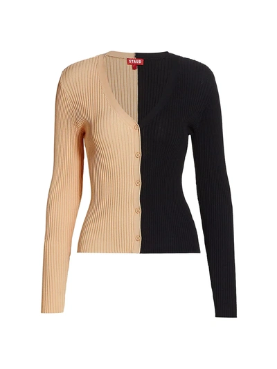 Staud Beige & Black Compact Rib Cargo Cardigan In Buff Black