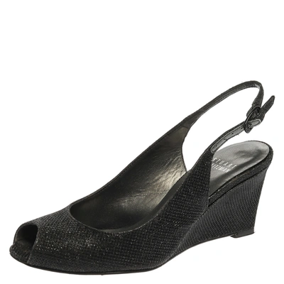 Pre-owned Stuart Weitzman Black Glitter Fabric Slingback Wedge Sandals Size 36