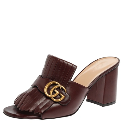 Pre-owned Gucci Brown Leather Gg Marmont Fringe Mules Size 41