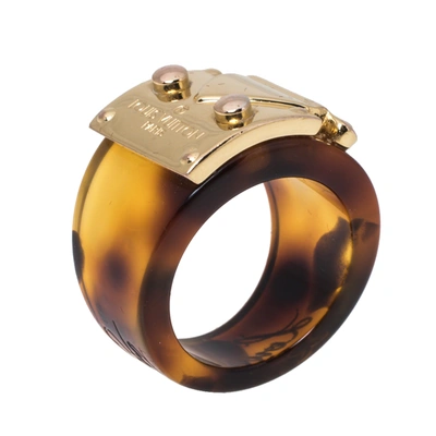 Pre-owned Louis Vuitton Lock Me Resin Gold Tone Band Ring Size 54.5 In Brown