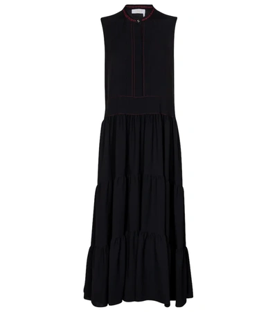 Chloé Tiered Embroidered Cady Midi Dress In Black