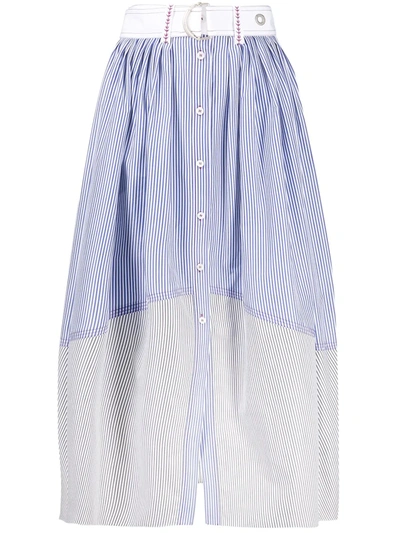 Chloé Belted Paneled Striped Cotton-poplin Midi Skirt In Blue