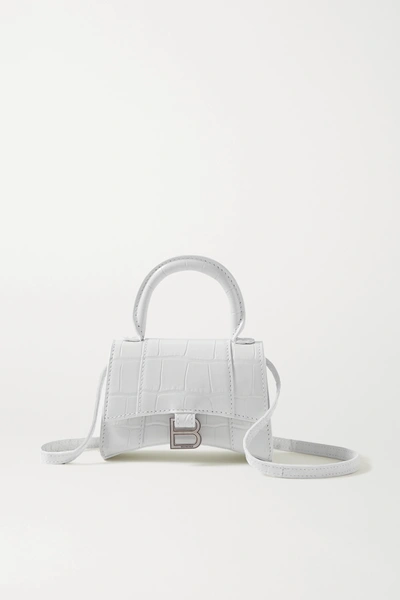 Balenciaga Hourglass Nano Metallic Croc-effect Leather Tote In White