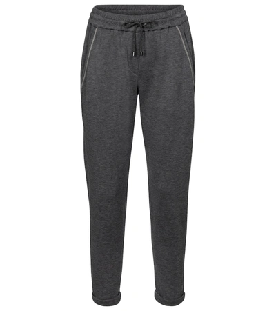 Brunello Cucinelli Embellished Cotton And Silk Trackpants In Grey