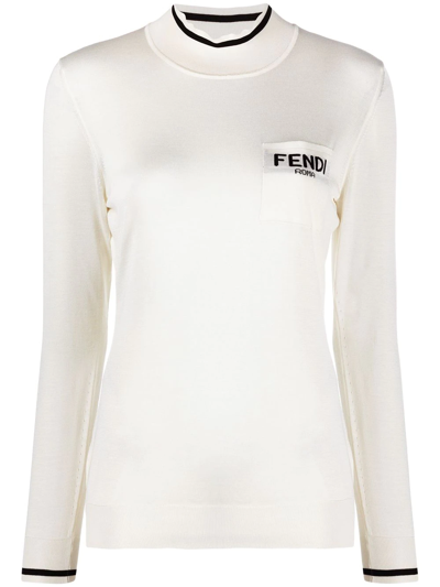 Fendi Logo-jacquard High-neck Silk Jumper In White