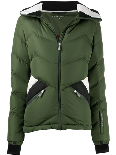 Perfect Moment Apres Duvet Striped Quilted Down Ski Jacket In Green