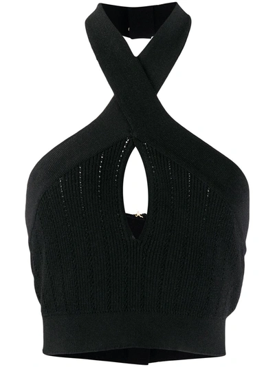 Balmain Cropped Cutout Ribbed-knit Halterneck Top In Black